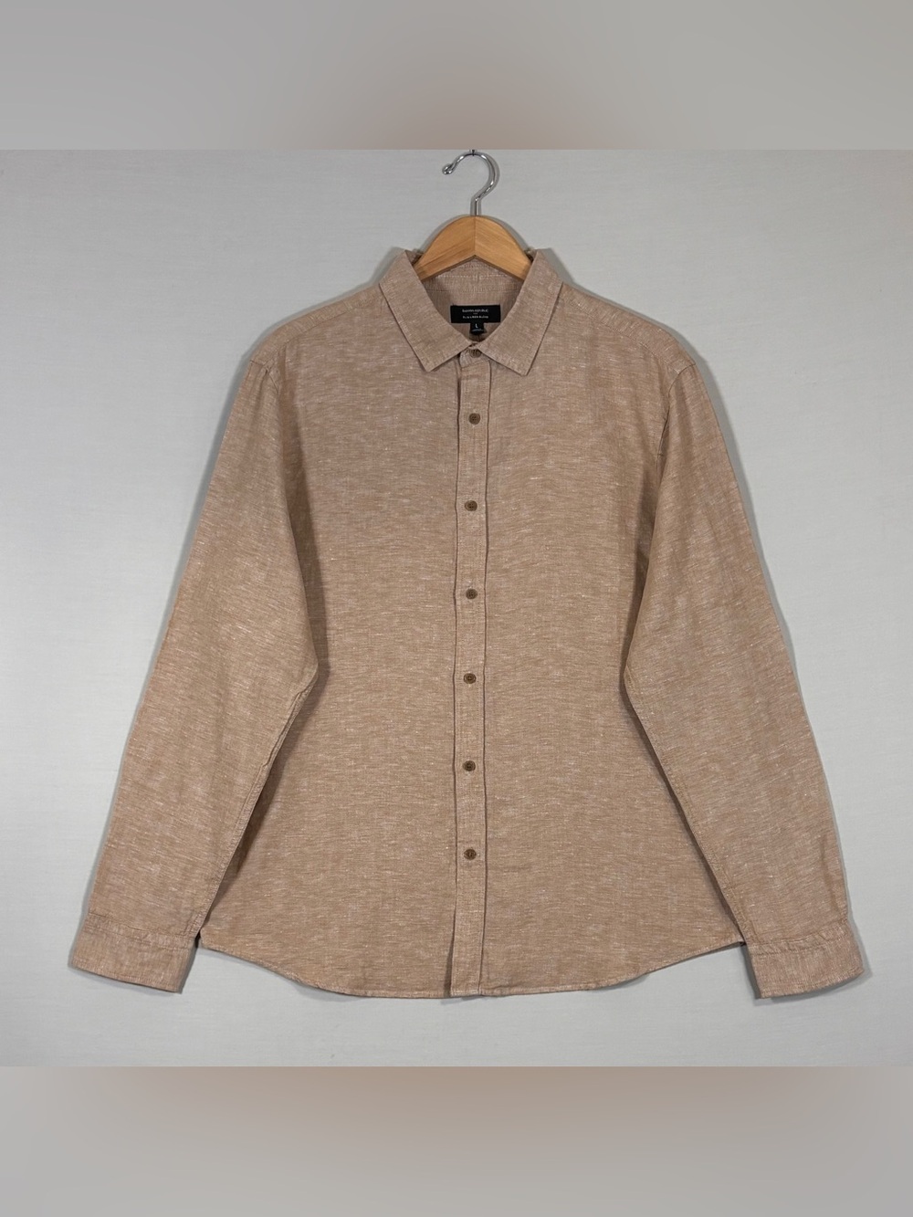NWT Banana Republic Slim Linen Blend Shirt Tan Beige Large Button Up
